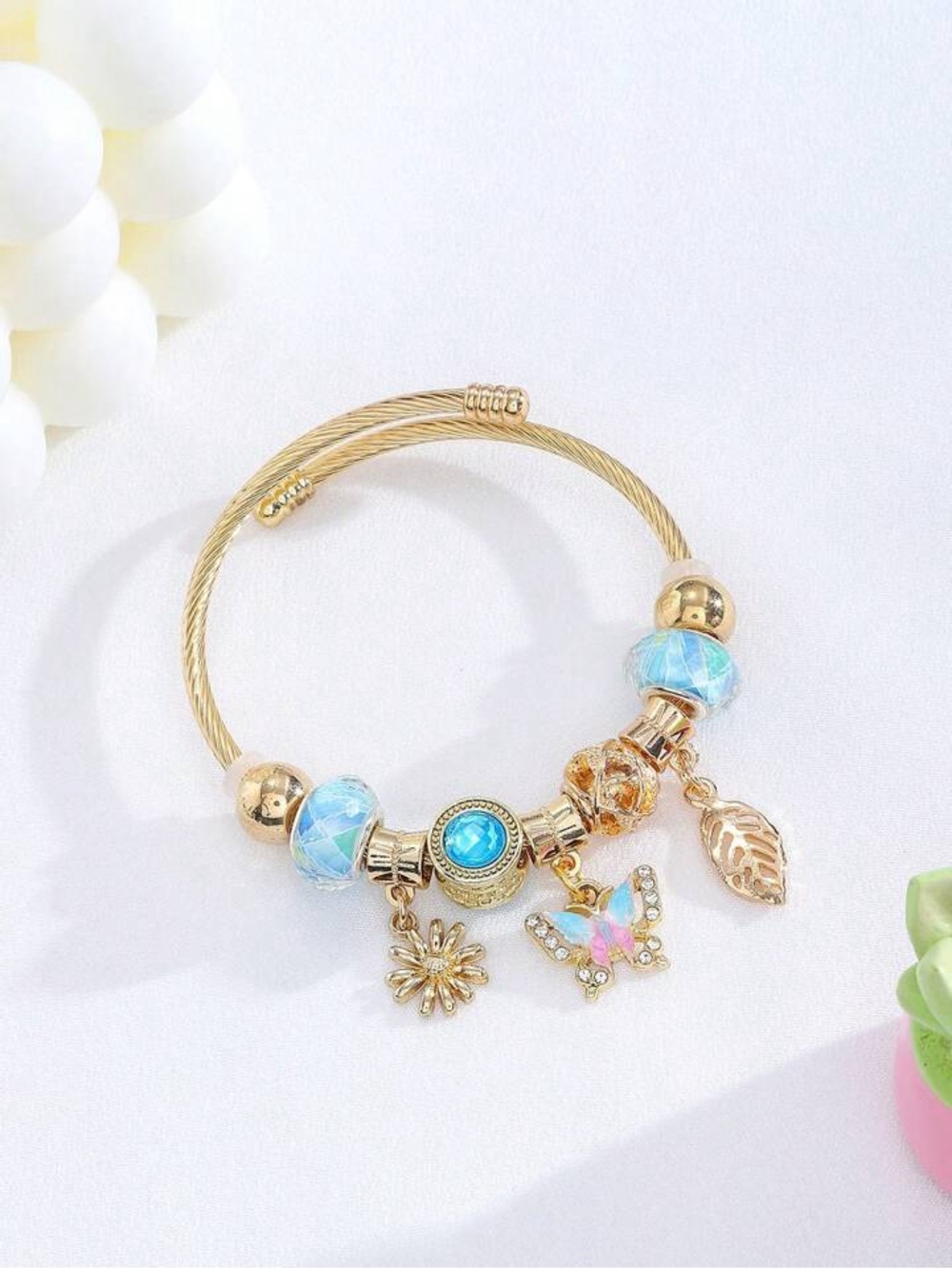 NEW Stainless Steel Gold Charm Bangle Bracelet | Blue Butterfly Floral Luxury